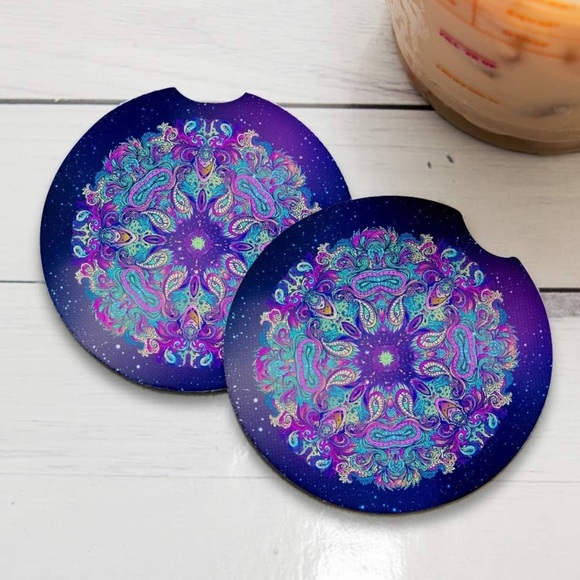 ✨BNWT - Mandala Car Coasters - Set of 2 - 2.56” with Rubber Backing✨ - Picture 5 of 6